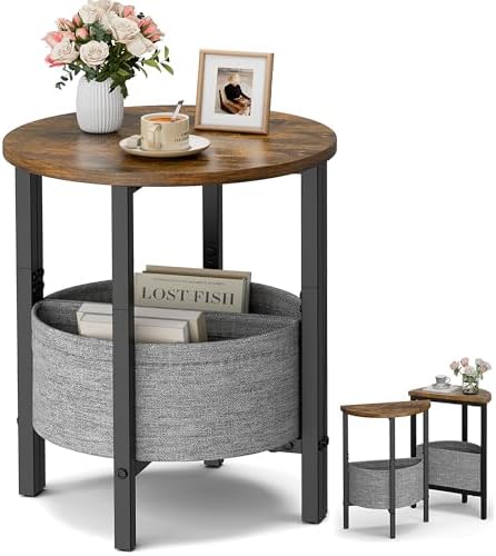 Vagusicc Small Round Side Table, Accent End Table with Storage Basket, Set of 2 Half Round Coffee Table End Table, Half Moon Bedside Table, Modern Nightstand Couch Table for Living Room Bedroom, Brown