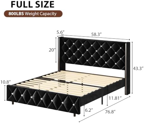 HOMBCK Full Bed Frame with Velvet Headboard, Silverside Wingback, Black