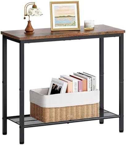 Hoctieon 2 Tier End Table, Sofa Side Table, Narrow Side Table with Storage, Slim Nightstand for Small Spaces, Metal Frame, for Living Room, Bedroom, Sofa Couch, Hall, Rustic Brown