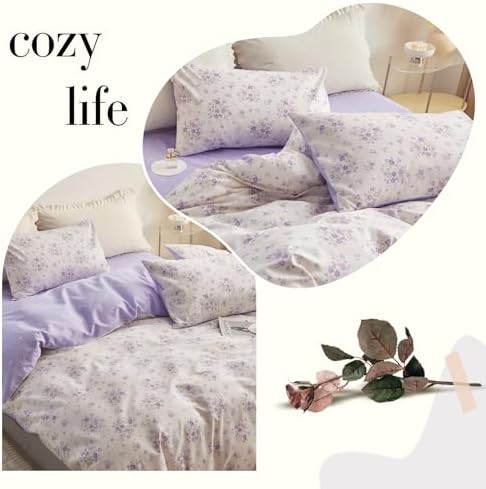 Purple Flower Duvet Cover Set Twin Cotton 3 Pcs Girls White Lavender Comforter Cover with Zipper Closure,Romantic Duvet Cover + 2 Pillowcases for Spring