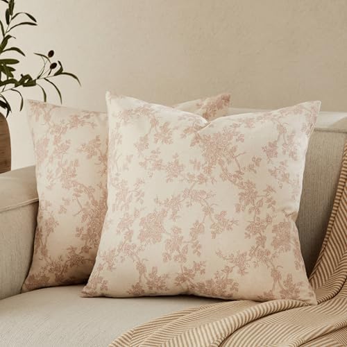 2 Pack French Floral Throw Pillow Covers 22x22in, Taupe/Cream