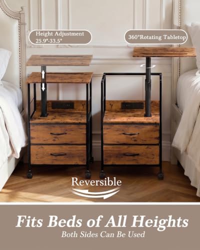 Faesun Night Stand with Charging Station & Swivel Top, Brown