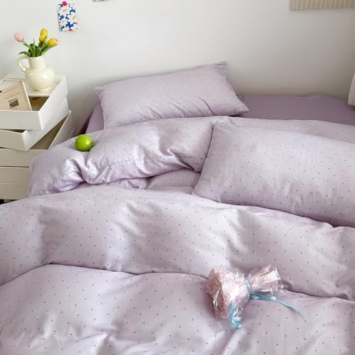 LifeTB Purple Duvet Cover Set Full 100% Cotton Muslin Cute Polka Dot Bedding Set, Soft Breathable Gauze Duvet Cover with 2 Pillowcases, Cute Polka Dot Comforter Cover Aesthetic Bedding Set