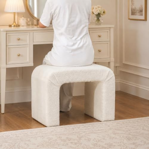 Modern Boucle Ottoman Footstool, 24" Arched Upholstered Vanity Stools for Makeup Room, Small Foot Rest for Entryway, Living Room, Bedroom (Fully Assembled)，White