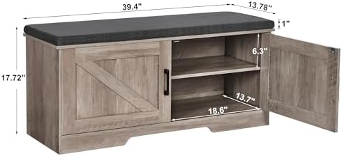 HOMSHO Farmhouse Shoe Storage Bench with 2 Barn Doors & Padded Seat Cushion