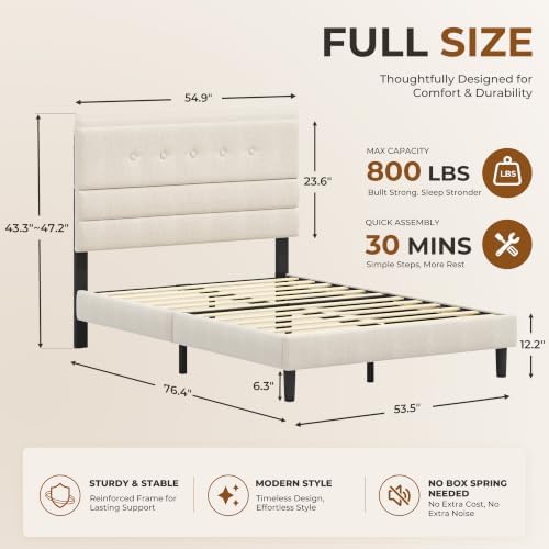 GRUSIGN Full Size Bed Frame with Linen Fabric Headboard, Adjustable Height Upholstered Platform Bed Frame with Wooden Slats, Easy Assembly, Beige
