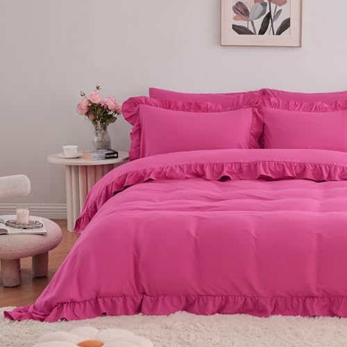 Horbaunal 5 Pcs Hot Pink Ruffle Duvet Cover Queen Size Soft Microfiber Shabby Chic Ruffled Duvet Cover Set, Vintage French Country Ruffle Bedding Set with Zipper Closure & Corner Ties, 90" x 90"