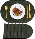 ADRIMER Oval Placemats Set of 6, Wipeable Faux Leather, Olive Green