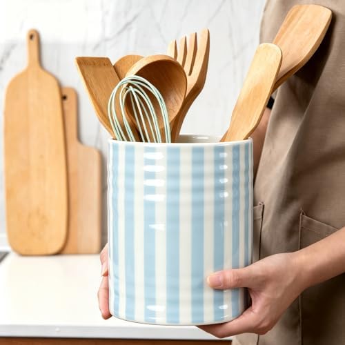 Kitchen Utensil Holder,7.2-inch Extra Large Ceramic Stripes Pattern Utensil Crock,Cooking Utensil Organizer for Kitchen Counter Decor,Storage Caddy Farmhouse Gift Light Blue