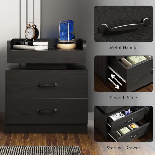 4ever2buy Black Nightstand Set of 2 with Charging Station and LED Lights