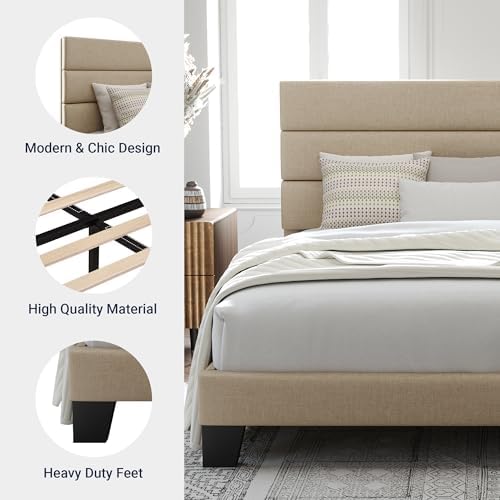 Allewie Queen Size Platform Bed Frame with Fabric Upholstered Headboard