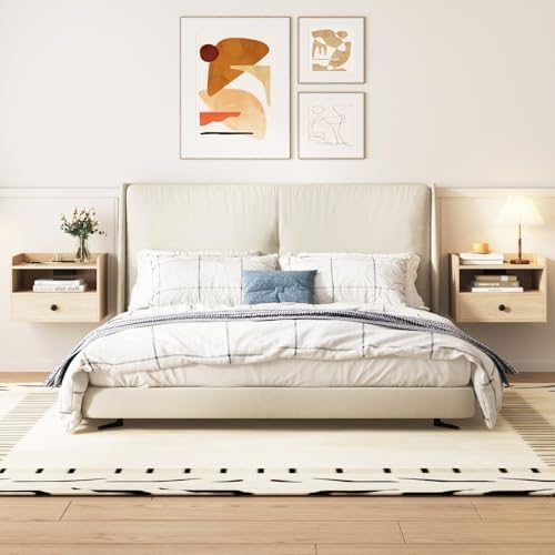 Floating Nightstand Set of 2 Modern Night Stands with Drawer and Open Shelf