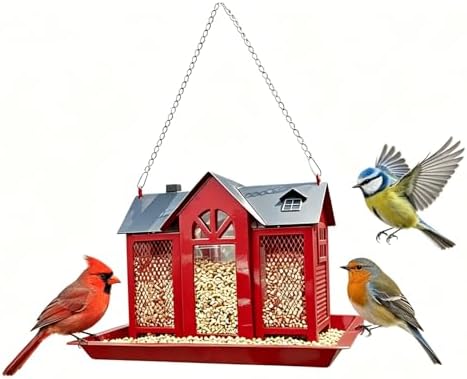 Large Metal Bird Feeders for Outdoors Hanging with Double Suet Cage Weatherproof Roof, 4 in 1 Suet Feeder for Woodpecker, 4 Lbs Capacity Bird Feeder House for Cardinal Finch Chickadee