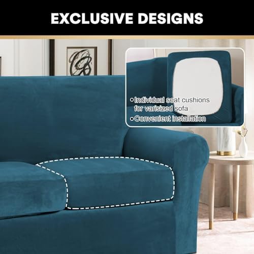 PrinceDeco Velvet Couch Covers for Sofa Soft 4 Pieces Couch Covers for 3 Cushion Couch Sofa Pet Friendly Furniture Protector with Non Slip Elastic Bottom Width Up to 97 Inch (Large Sofas, Deep Teal)