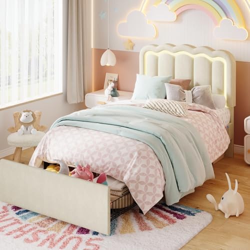 SHA CERLIN Twin Size Bed Frame with LED Lights and Storage Drawer, Cream