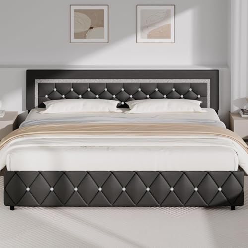BarnFurin King Bed Frame with Diamond Tufted Headboard, Gray