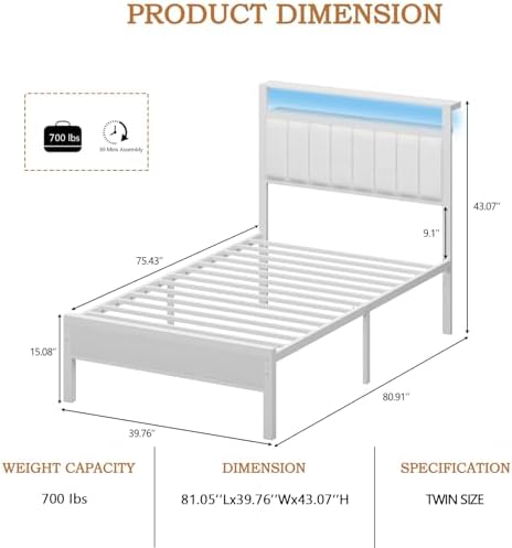 Furnulem White Twin Bed Frames with PU Upholstered Headboard & LED Lights