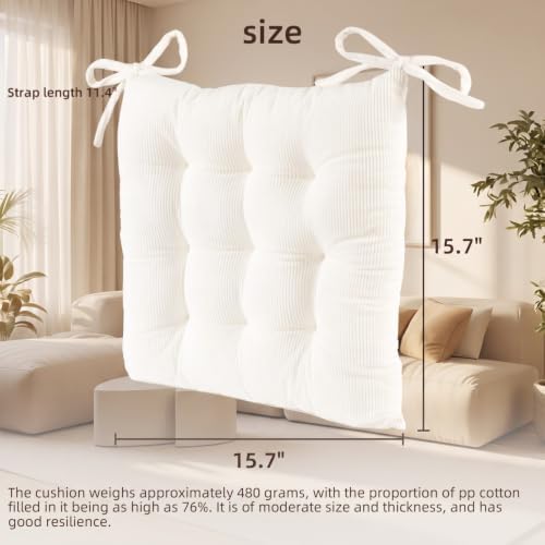 HLOVME Corduroy Chair Cushion with Ties Ultra Soft Warm Floor Cushion for Kids Reading Nook Comfortable Square Seat Cushion for Adult 15.7”x15.7”, White