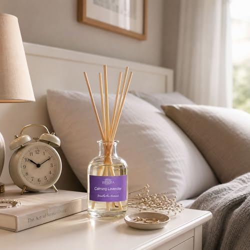 Natural Reed Diffuser Set, Calming Lavender 3.52 oz (100ml) Scented Diffuser with Sticks Home Fragrance Reed Diffuser for Bathroom Shelf Decor, Ideal Gift for Woman