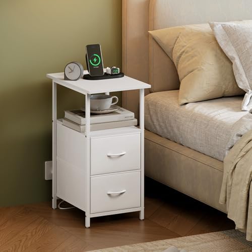 Somdot Narrow End Table with Charging Station, 2 Drawers, Slim Side Table