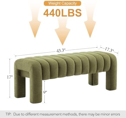 43.3" Boucle Bed Bench for Bedroom, Upholstered Linen Bench, Green