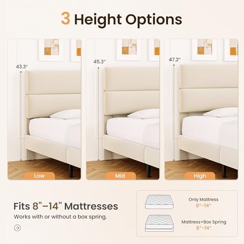 GRUSIGN Platform Bed Frame with Velvet Headboard, Adjustable Height Wooden Slats Support, Upholstered Mattress Foundation, Fits Mattress or Mattress with Box Spring, Easy Assembly, Beige, Full