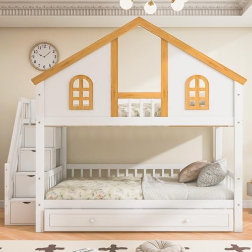 Full Over Full Size House Bunk Bed with Trundle & Storage Stairs