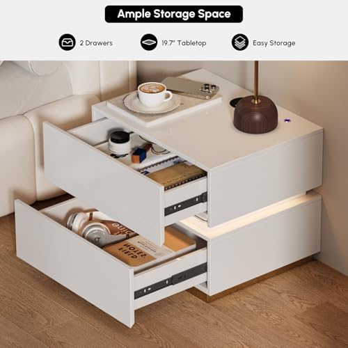 homary Smart Nightstand Set of 2 with Wireless Charging Station, USB & Type-C Ports, LED Light, 2 Drawers – Modern White Bedside Table for Bedroom Storage