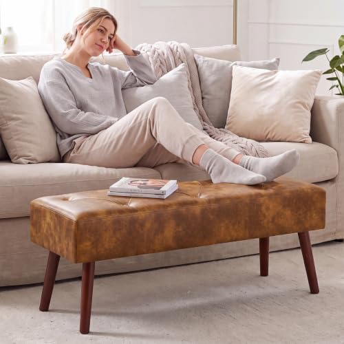 Furniliving 44 Inch Tufted Leather Bench, Leather Footrest Stool Bedroom Bench Seat, Upholstered Tufted Beathable Fabrics Ottoman Bench with X-Shaped Wood Legs for Kitchen, Solid Wood Indoor Bench