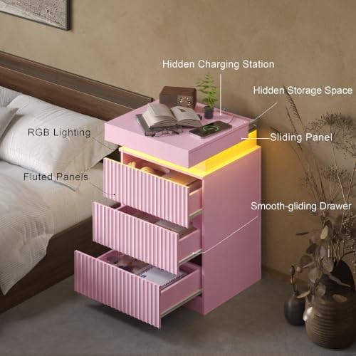 Nightstand Set of 2 with Charging Station and RGB Lights, Pink