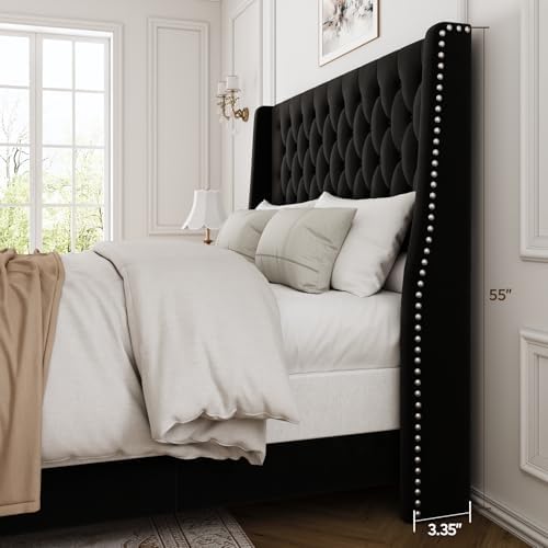 Full Upholstered Bed Frame, 55.4'' Tall Headboard with Wingback
