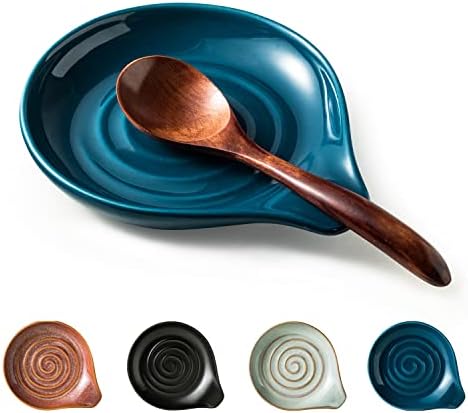 Spoon Holder, Ceramic Spoon Rest for Kitchen Counter Farmhouse Cooking, Large Utensil Rest for Spoons, Ladles, Tongs, Spatula, 5 Inches (Blue)