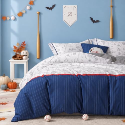 Simple&Opulence 100% Organic Cotton Duvet Cover for Kids Teens, 4 Pieces Soft Comforter Cover with Zipper Closure Cool Boy Girl Baseball Bedding Set - Sports, Full/Queen