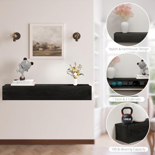 Floating Solid Wood Console Table, 47'' Wall Mounted Narrow Entryway Table with Storage Shelf, Modern Couch Shelves Small Entry Way Tables for Entryway, Front Hall, Hallway (Black, 47.24IN)