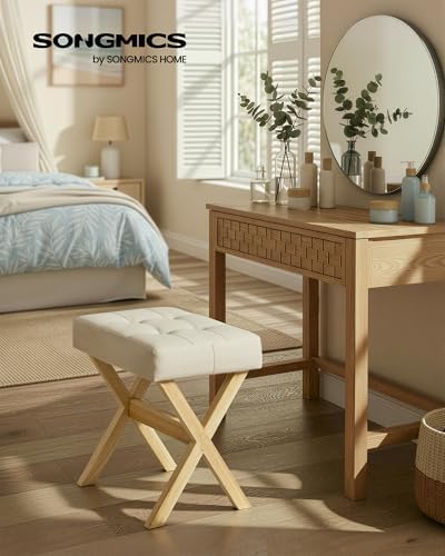 SONGMICS Makeup Stool, Padded Vanity Foot Rest, Solid Wood X Legs