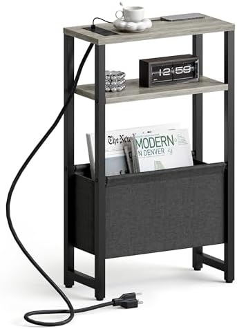 Narrow Side Table with Charging Station Slim End Table Sofa with Magazine Rack, Bedside Table for Small Spaces, 3 Tier Nightstand for Living Room Couch, Bedroom Oak Grey LET503QE