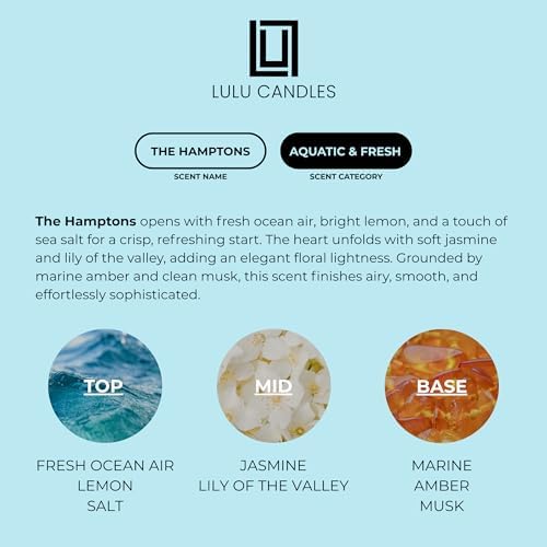 Lulu Candles | The Hamptons - Fresh Citrus & Ocean Mist | Luxury Scented Soy Jar Candle | Hand Poured in The USA | Highly Scented & Long Lasting (9 Oz.)