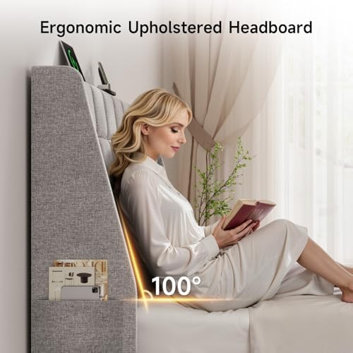ONBRILL Ergonomic Headboard Queen Size with Charging Station, Light Grey