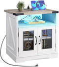 WLIVE Farmhouse End Table with Charging Station & LED Light for Living Room