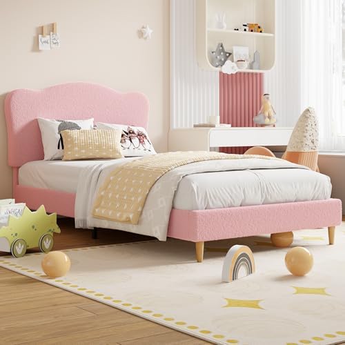 Garvee Upholstered Full Size Bed Frame for Kids with Scallop Headboard, Cute Velvet Full Bed for Girls, Boys, Sturdy Platform Bed, No Box Spring Needed, Wooden Slats, Noise Free, Pink