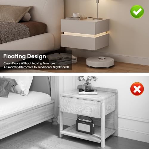 homary Set of 2 Floating Nightstands with LED Light, Wall Mounted Bedside Table with Wireless Charging Station, Smart Night Stand with 2 Drawers Storage, Modern Bedroom Furniture, White