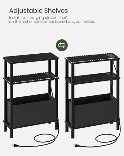 CHOEZON Small Narrow Side Table with Charging Station, Skinny End Table with Fabric Basket, Slim Nightstand for Small Spaces, Sofa Side Table, for Living Room, Bedroom, Black TBZ07UBB