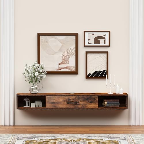 GHC Floating TV Stand, 55'' Wall Mounted TV Cabinet, Floating Shelves with Door, Media Console for DVD Player, Space-Saving Under TV Shelf for Bedroom & Living Room (Rustic Brown)