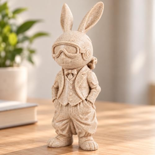 Aviator Rabbit Figurine, Pilot Bunny Sculpture, Resin Animal Decor for Desk