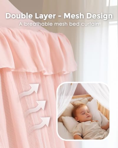 little dove Bed Canopy for Girls with Star Lights, 25.6''x106'', Peach Pink