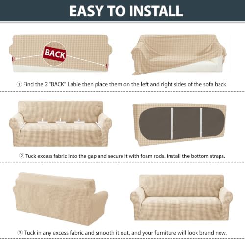 ZNSAYOTX 1 Piece Stretch Loveseat Cover (55"-71") New-Houndstooth Texture, Thick Sofa Covers for 2 Cushion Couch Universal Sofa Slip Cover with Elastic Bottom & Buckle, Soft Protector Khaki