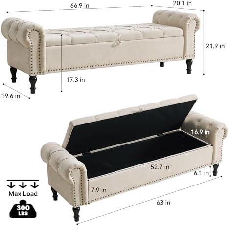 Storage Bed Bench for Bedroom, Chenille 67" End of Bed King Size Benches with Armrest, Tufted Button Upholstered Ottoman Bench for Living Room, Entryway, Camel