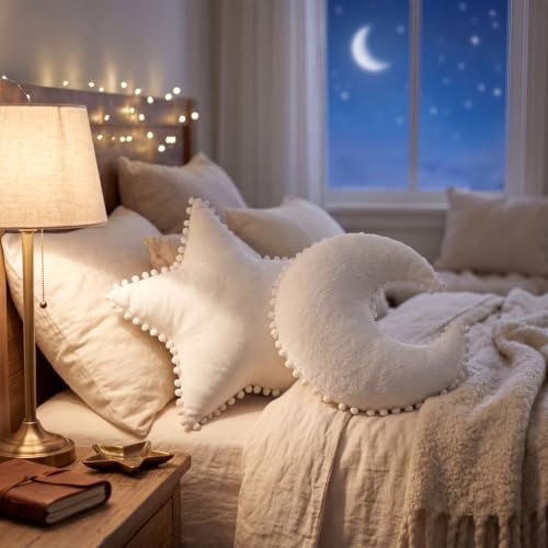 Jetec 2 Pieces Moon Shaped Pillow Star Pillow Creative Star Moon, White