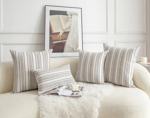 Cethom Decorative Boho Throw Pillow Covers, Farmhouse Textured Pillow Case, 20 x 20 Inch Set of 2, Chair Sofa Bedroom Living Room Home Decor Couch Cushion Case, Grey and Beige Striped