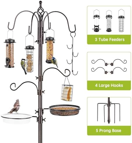 Bird Feeder Station with Suet Cage & Water Bowl Fruit Hook- Adjustable Pole, 6 Hanging Hooks for Wild Birds, Outdoor Garden Bird Feeding Kit